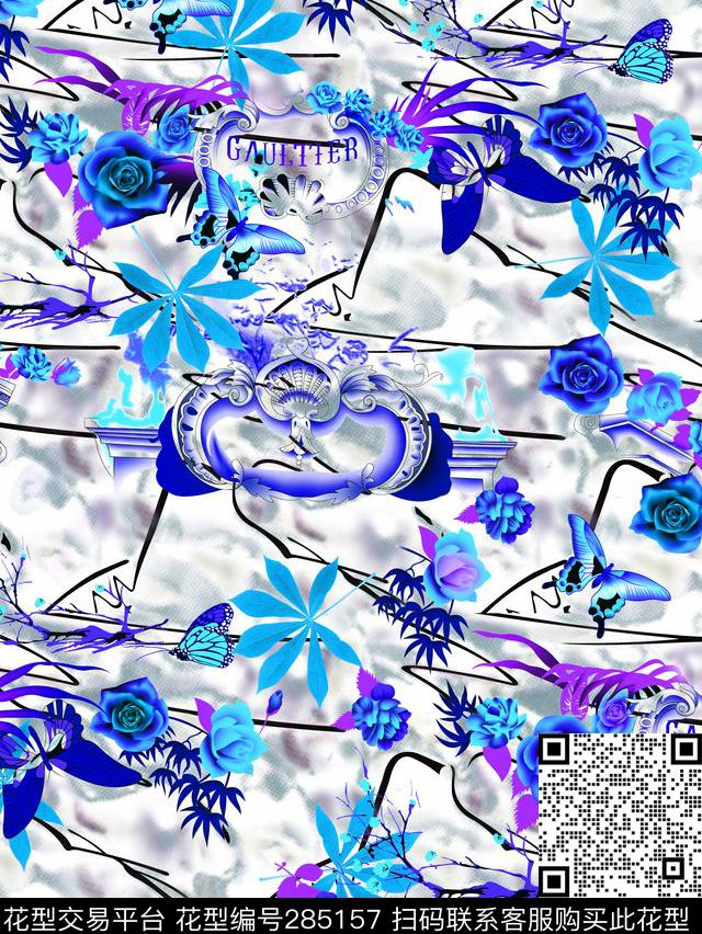 中国风花卉蝴蝶数码印花华亿平台下载（图片编号: 285157） - 瓦栏（Walan）