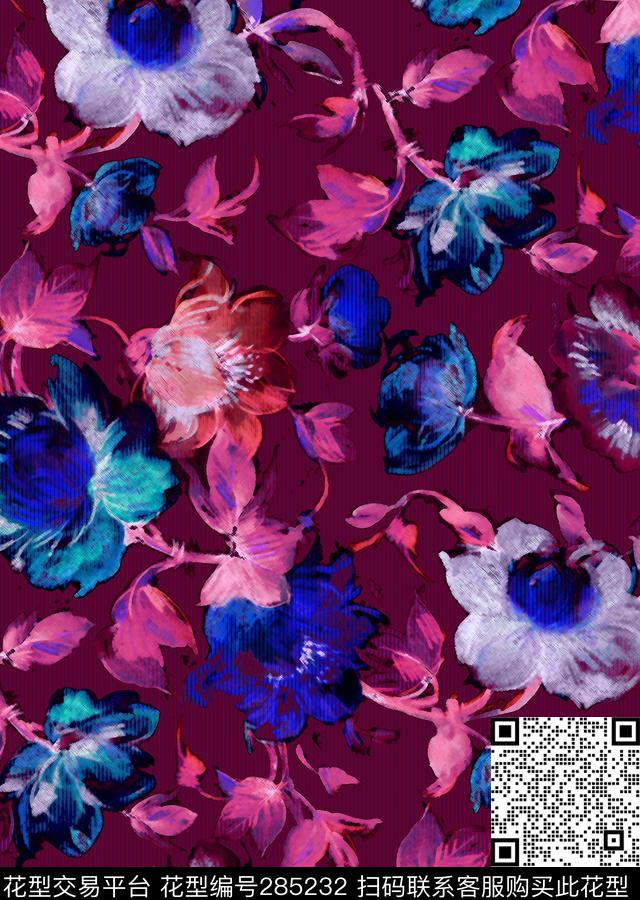 手绘水彩花卉复古数码印花华亿平台下载（图片编号: 285232） - 瓦栏（Walan）