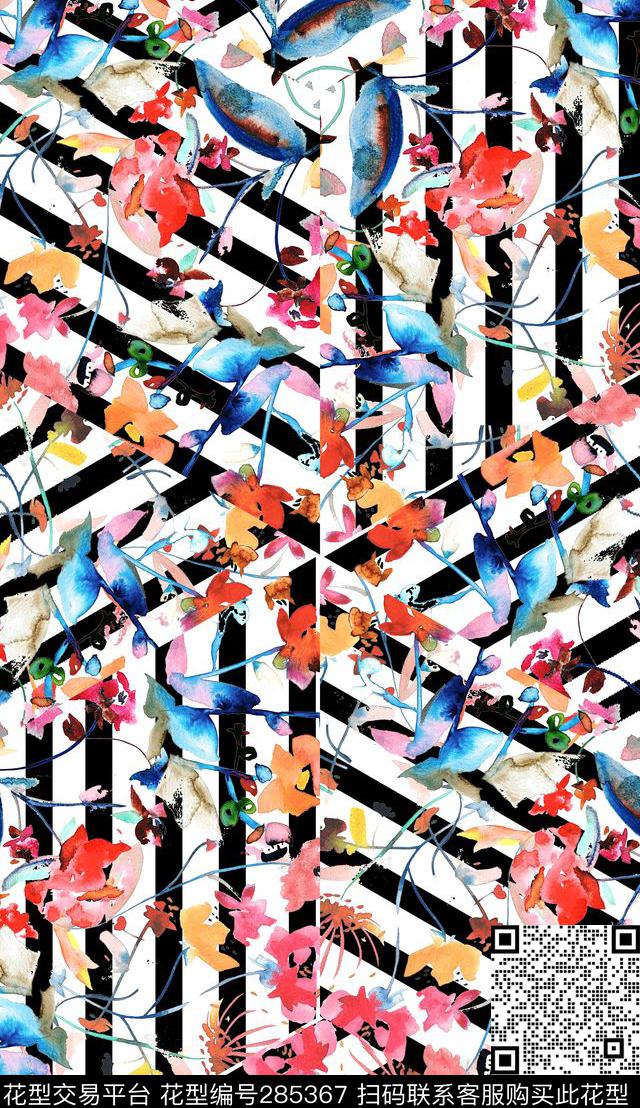 手绘水彩花卉抽象数码印花华亿平台下载（图片编号: 285367） - 瓦栏（Walan）