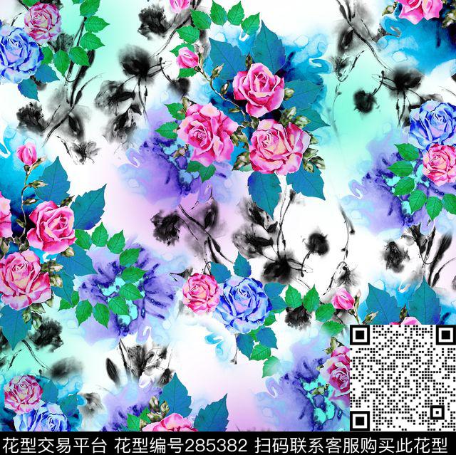 手绘水彩花卉玫瑰数码印花华亿平台下载（图片编号: 285382） - 瓦栏（Walan）