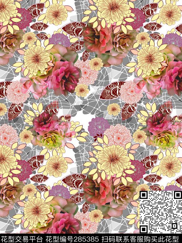花卉组合温馨多彩数码印花华亿平台下载（图片编号: 285385） - 瓦栏（Walan）