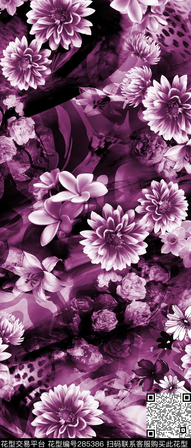花卉大花豹纹数码印花华亿平台下载（图片编号: 285386） - 瓦栏（Walan）