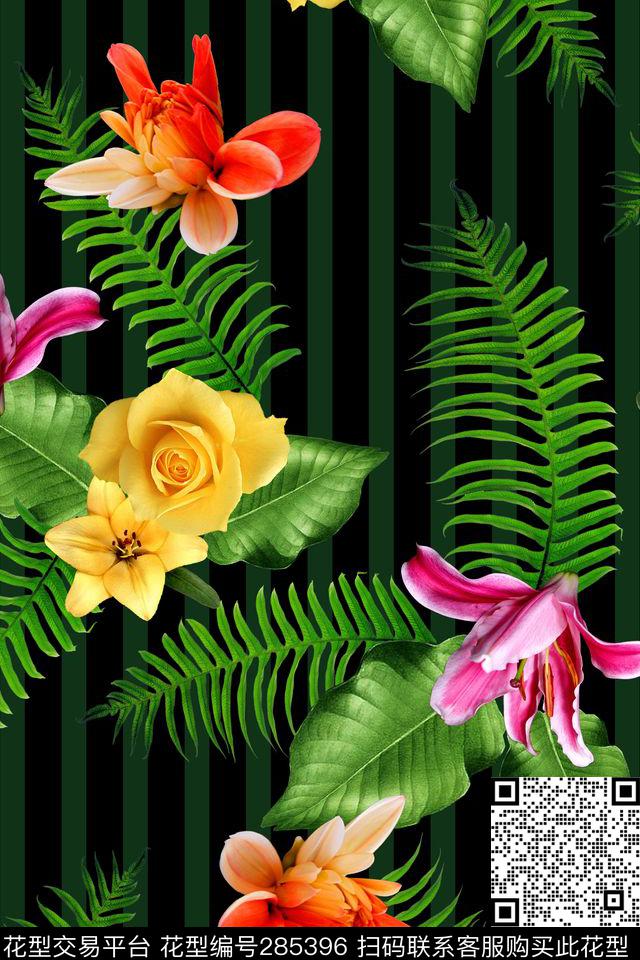 花卉热带炫彩数码印花华亿平台下载（图片编号: 285396） - 瓦栏（Walan）