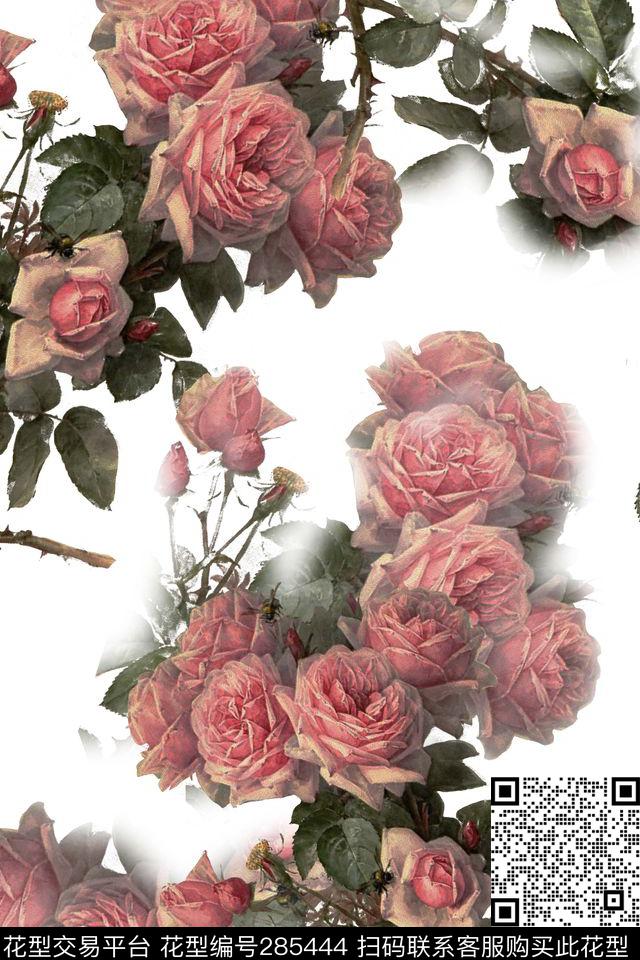 手绘水彩花卉玫瑰数码印花华亿平台下载（图片编号: 285444） - 瓦栏（Walan）
