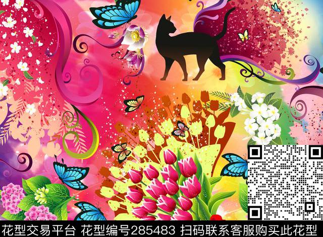 花卉动物蝴蝶数码印花华亿平台下载（图片编号: 285483） - 瓦栏（Walan）