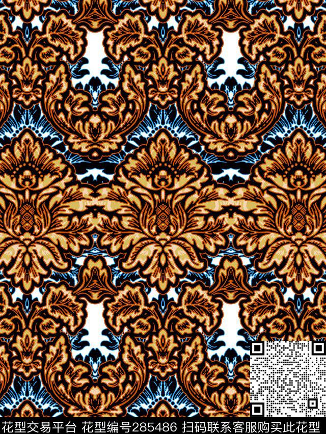 复古花卉几何对称传统印花华亿平台下载（图片编号: 285486） - 瓦栏（Walan）