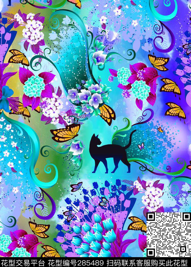猫蝴蝶花数码印花华亿平台下载（图片编号: 285489） - 瓦栏（Walan）