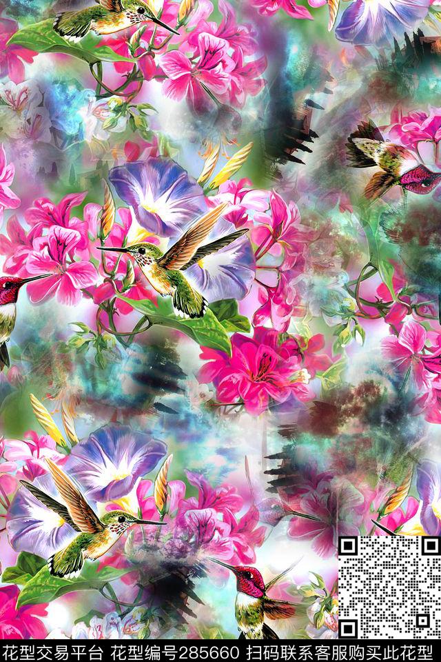 手绘水彩花鸟抽象数码印花华亿平台下载（图片编号: 285660） - 瓦栏（Walan）
