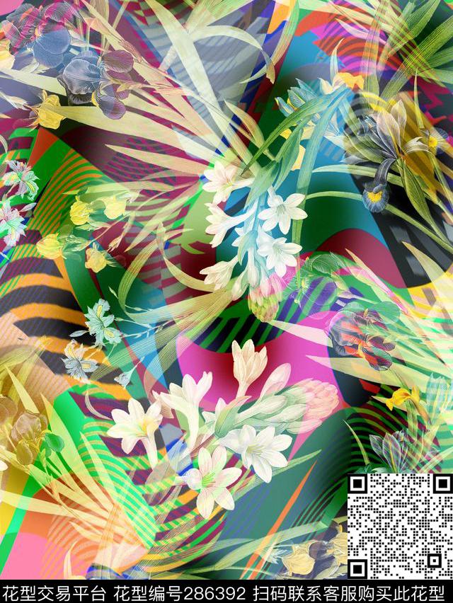 花卉抽象线条弯曲错觉数码印花华亿平台下载（图片编号: 286392） - 瓦栏（Walan）