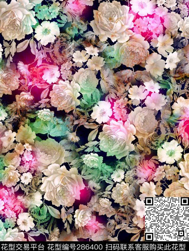 手绘水彩花卉炫彩数码印花华亿平台下载（图片编号: 286400） - 瓦栏（Walan）