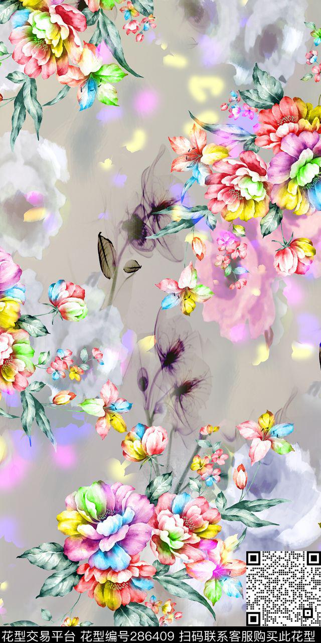 手绘水彩花卉炫彩传统印花华亿平台下载（图片编号: 286409） - 瓦栏（Walan）