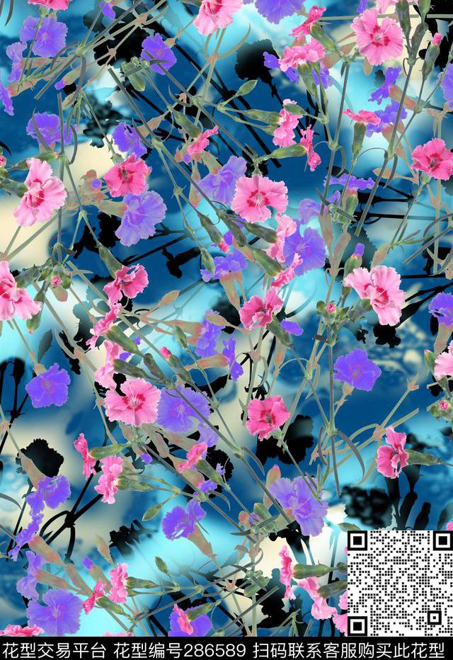 手绘水彩花卉康乃馨数码印花华亿平台下载（图片编号: 286589） - 瓦栏（Walan）