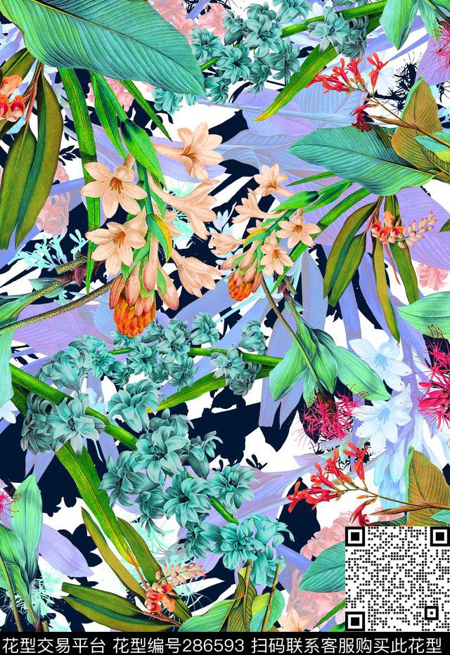 手绘水彩花卉热带数码印花华亿平台下载（图片编号: 286593） - 瓦栏（Walan）