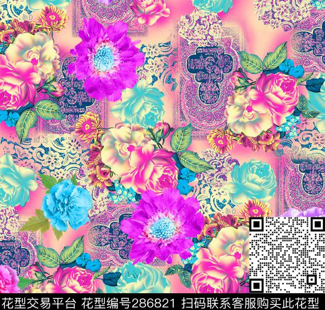 手绘水彩花卉炫彩数码印花华亿平台下载（图片编号: 286821） - 瓦栏（Walan）