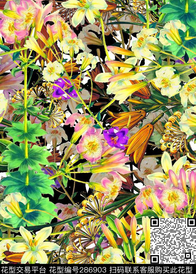 手绘水彩花卉抽象数码印花华亿平台下载（图片编号: 286903） - 瓦栏（Walan）