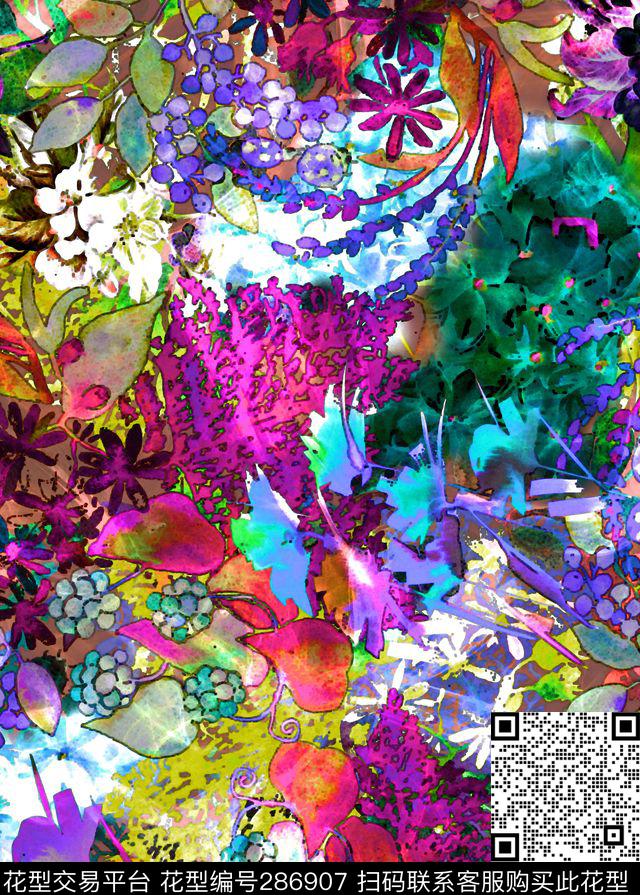 手绘水彩花卉炫彩数码印花华亿平台下载（图片编号: 286907） - 瓦栏（Walan）