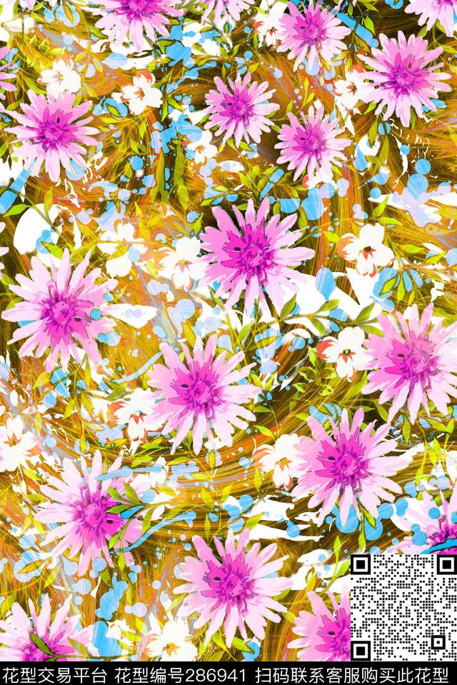 手绘水彩花卉多彩数码印花华亿平台下载（图片编号: 286941） - 瓦栏（Walan）