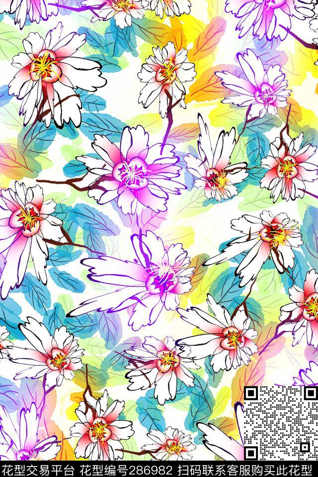 手绘水彩花卉炫彩数码印花华亿平台下载（图片编号: 286982） - 瓦栏（Walan）
