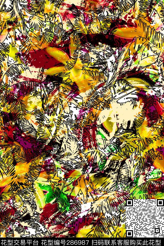 抽象手绘水彩椰树数码印花华亿平台下载（图片编号: 286987） - 瓦栏（Walan）