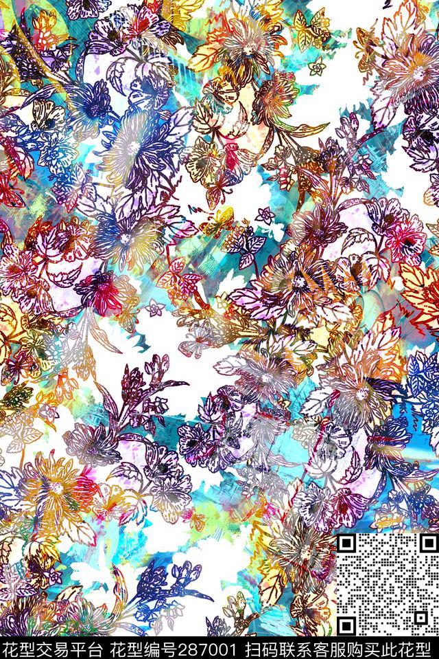 手绘水彩花卉描花数码印花华亿平台下载（图片编号: 287001） - 瓦栏（Walan）