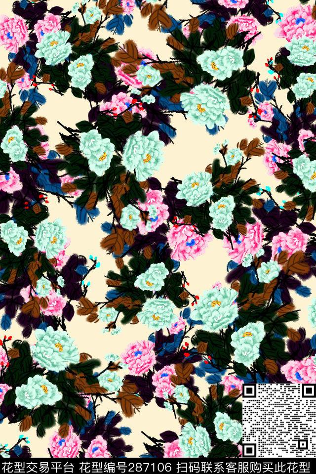 手绘水彩花卉中国风数码印花华亿平台下载（图片编号: 287106） - 瓦栏（Walan）