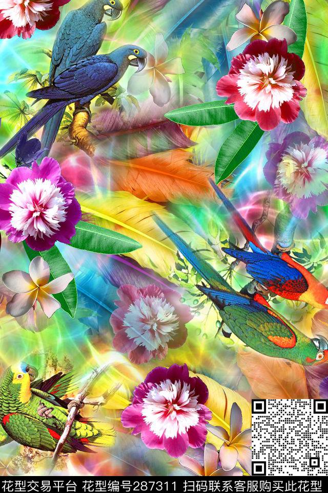 花卉鹦鹉炫彩数码印花华亿平台下载（图片编号: 287311） - 瓦栏（Walan）
