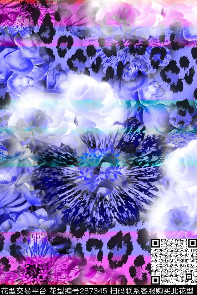 手绘水彩花卉豹纹数码印花华亿平台下载（图片编号: 287345） - 瓦栏（Walan）