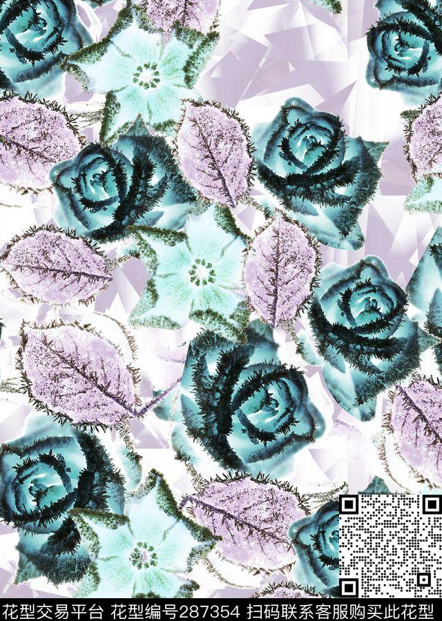 手绘水彩花卉玫瑰数码印花华亿平台下载（图片编号: 287354） - 瓦栏（Walan）