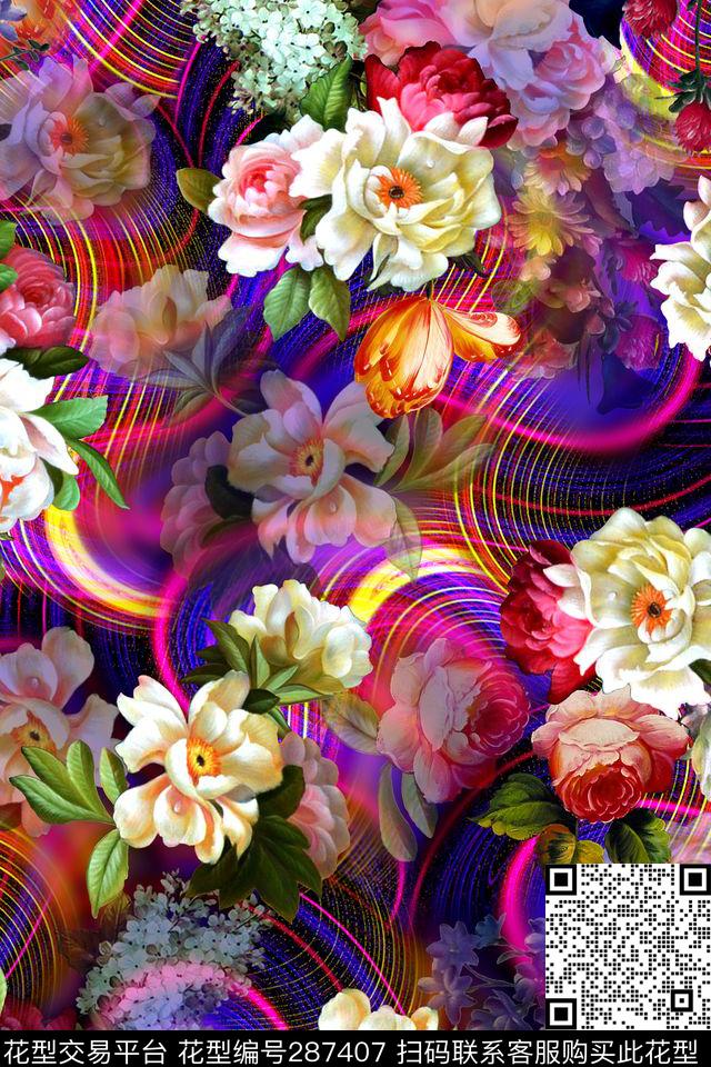 手绘水彩花卉炫彩数码印花华亿平台下载（图片编号: 287407） - 瓦栏（Walan）