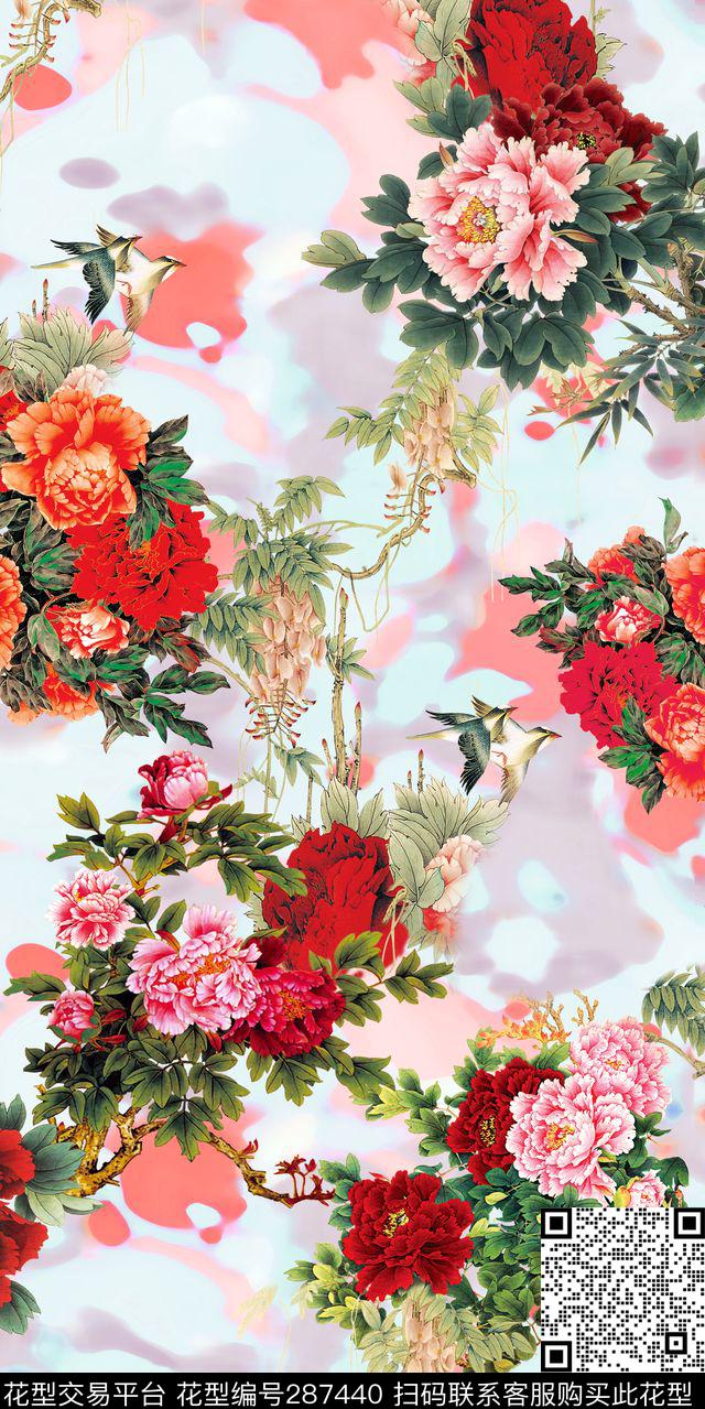 手绘水彩花卉中国风数码印花华亿平台下载（图片编号: 287440） - 瓦栏（Walan）