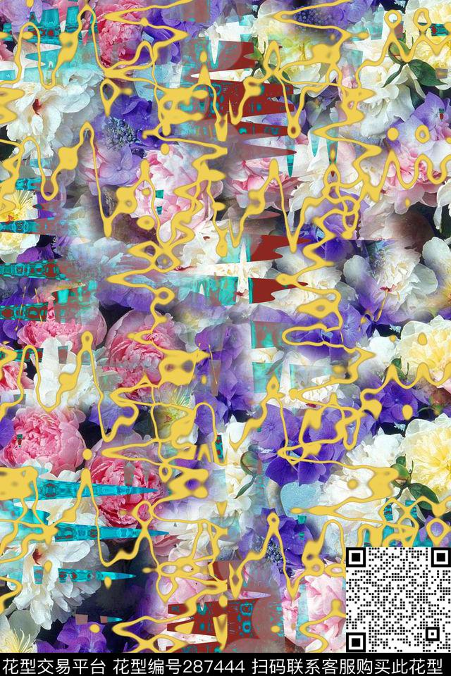 手绘水彩花卉抽象数码印花华亿平台下载（图片编号: 287444） - 瓦栏（Walan）