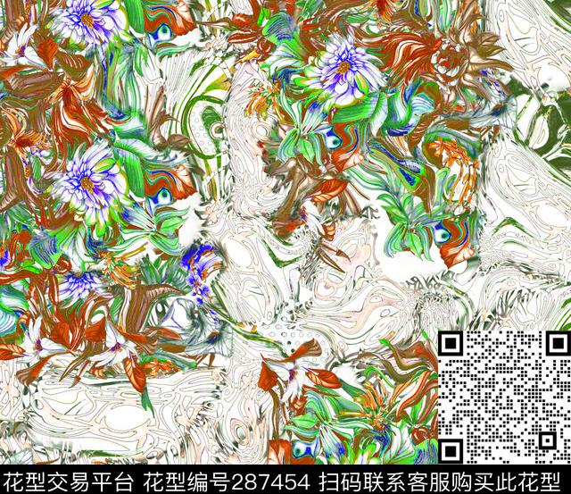 手绘水彩花卉抽象数码印花华亿平台下载（图片编号: 287454） - 瓦栏（Walan）