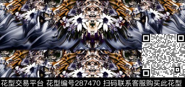 手绘水彩花卉对称数码印花华亿平台下载（图片编号: 287470） - 瓦栏（Walan）