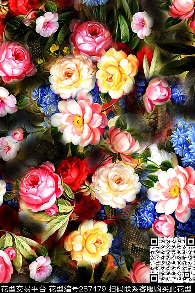 手绘水彩花卉炫彩数码印花华亿平台下载（图片编号: 287479） - 瓦栏（Walan）