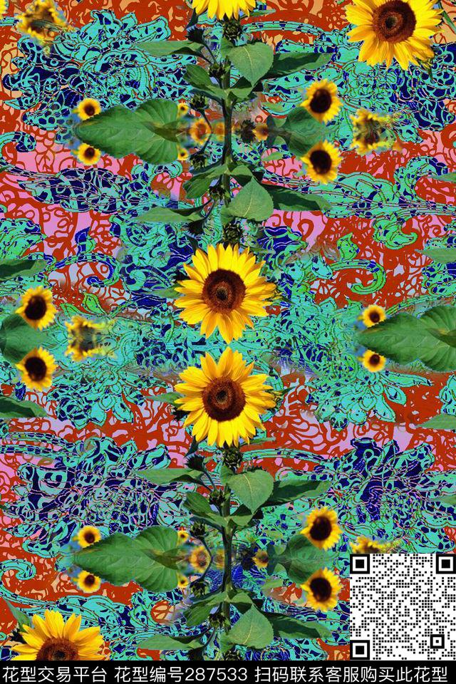 手绘水彩花卉向日葵数码印花华亿平台下载（图片编号: 287533） - 瓦栏（Walan）