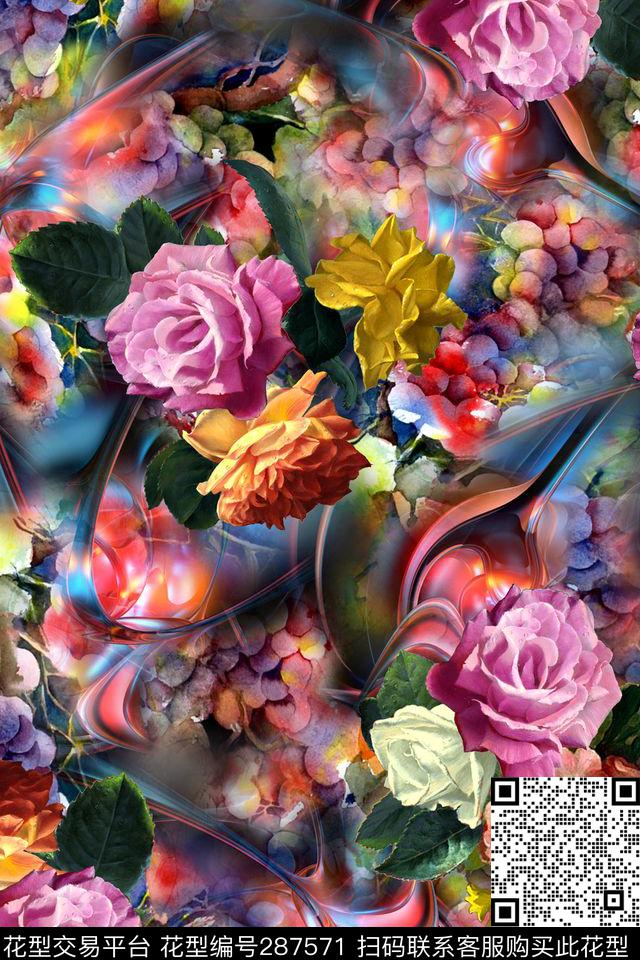 手绘水彩花卉炫彩数码印花华亿平台下载（图片编号: 287571） - 瓦栏（Walan）