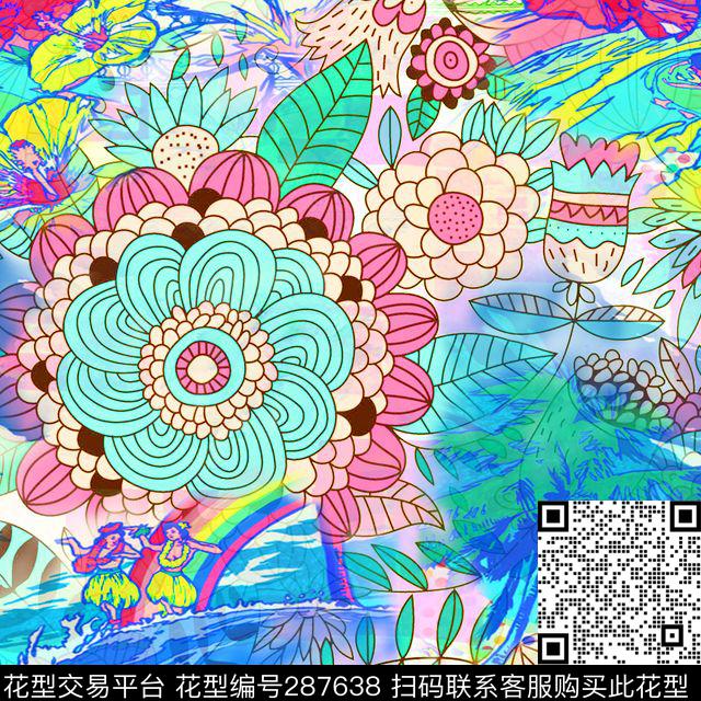 手绘水彩花卉撞色传统印花华亿平台下载（图片编号: 287638） - 瓦栏（Walan）