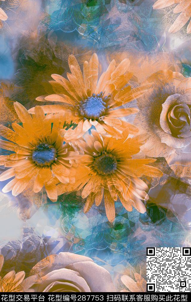 花卉玫瑰雏菊数码印花华亿平台下载（图片编号: 287753） - 瓦栏（Walan）