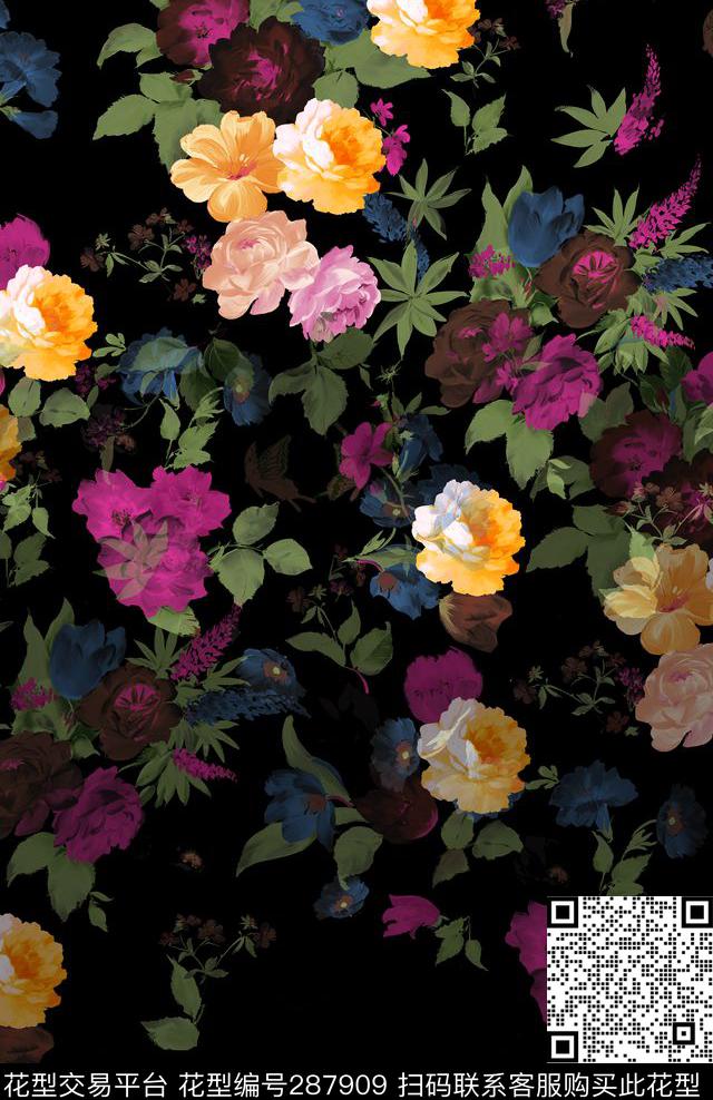 手绘水彩花卉复古数码印花华亿平台下载（图片编号: 287909） - 瓦栏（Walan）
