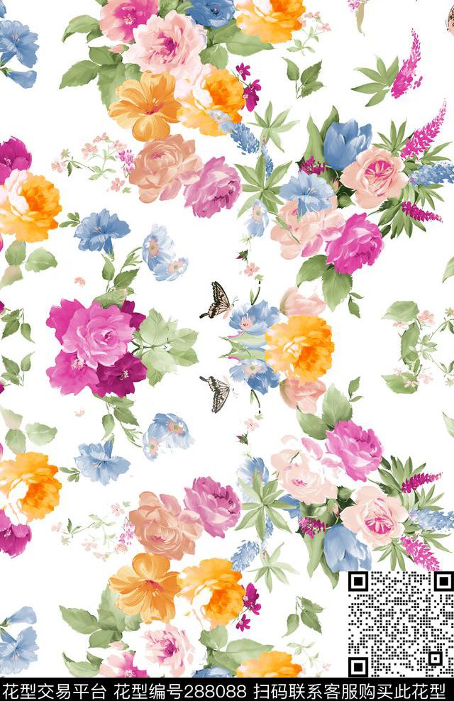 手绘水彩花卉蝴蝶数码印花华亿平台下载（图片编号: 288088） - 瓦栏（Walan）