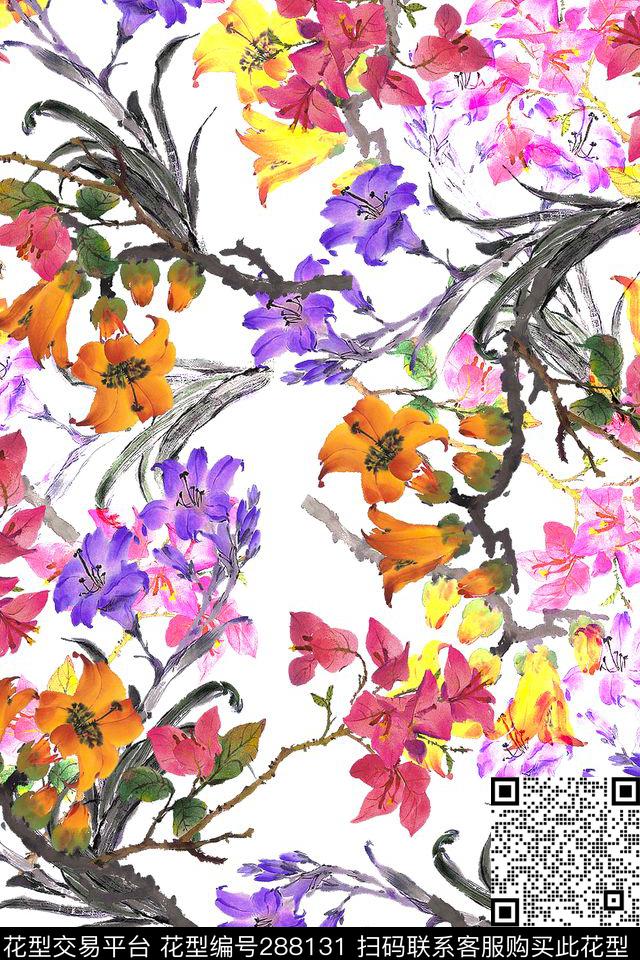花卉手绘水彩炫彩数码印花华亿平台下载（图片编号: 288131） - 瓦栏（Walan）
