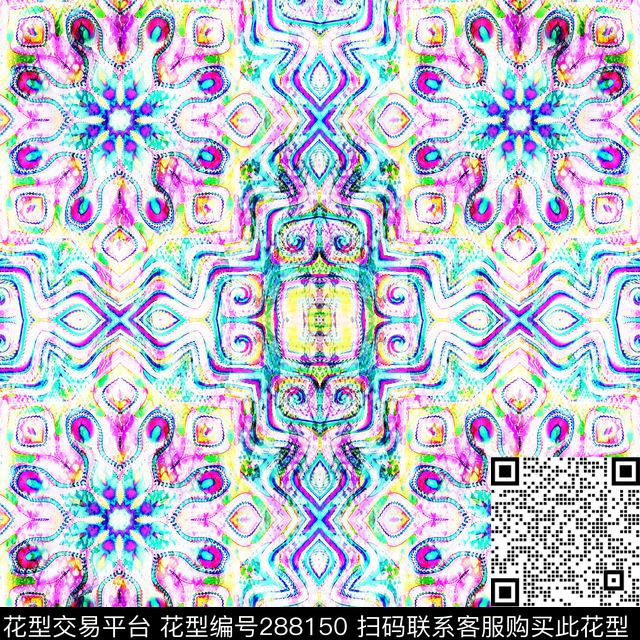 几何线条花卉复古数码印花华亿平台下载（图片编号: 288150） - 瓦栏（Walan）