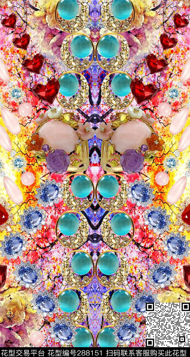 宝石对称炫彩数码印花华亿平台下载（图片编号: 288151） - 瓦栏（Walan）