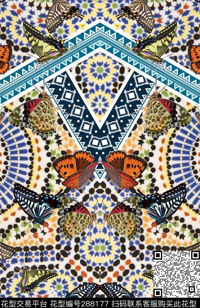 手绘水彩蝴蝶对称数码印花华亿平台下载（图片编号: 288177） - 瓦栏（Walan）