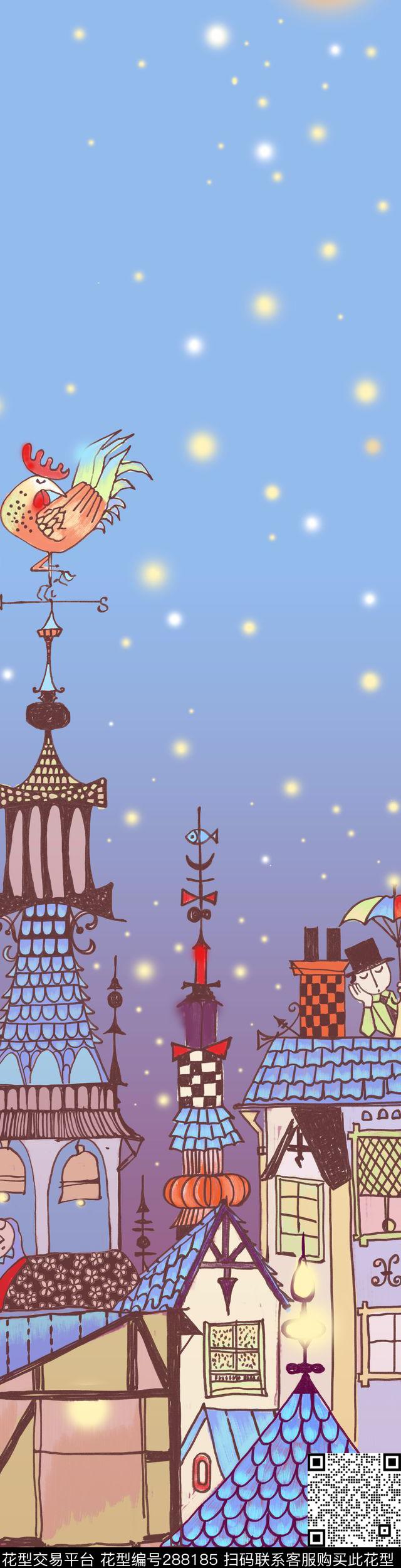 手绘卡通情节夜色数码印花华亿平台下载（图片编号: 288185） - 瓦栏（Walan）