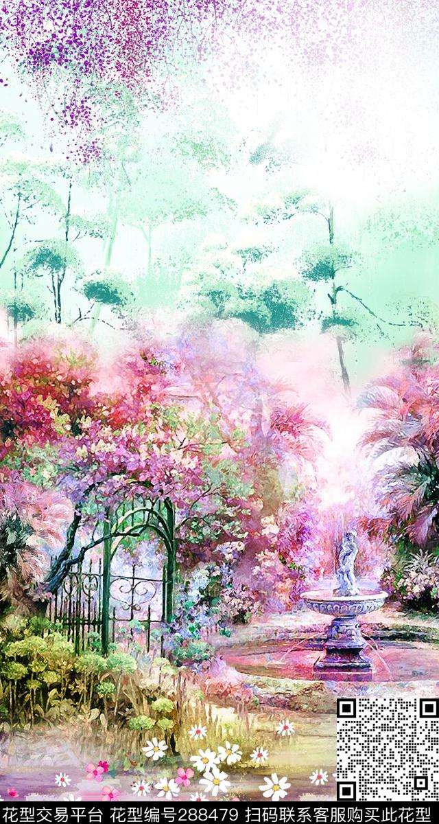 手绘水彩花卉景物数码印花华亿平台下载（图片编号: 288479） - 瓦栏（Walan）