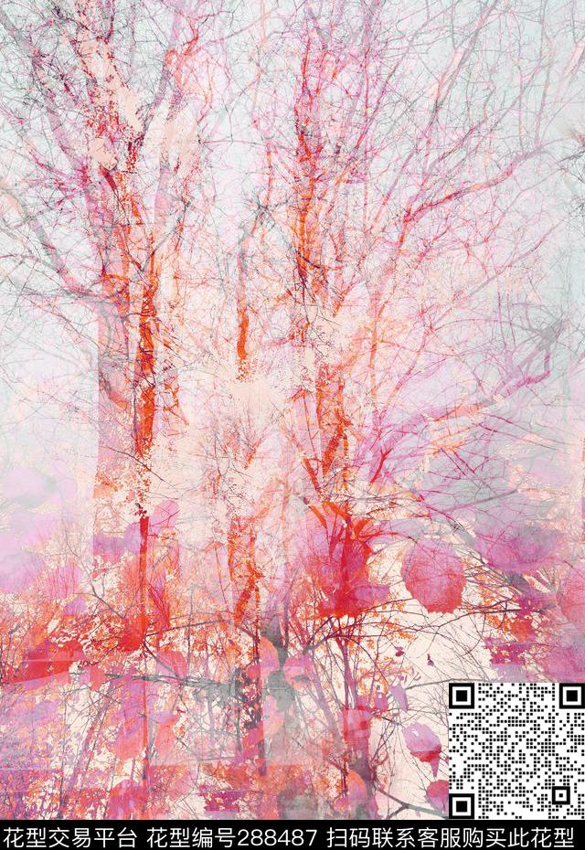 抽象树枝水彩数码印花华亿平台下载（图片编号: 288487） - 瓦栏（Walan）