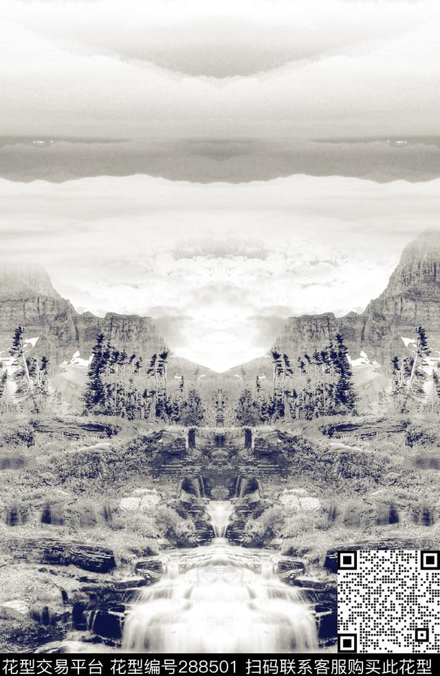 风景瀑布黑白数码印花华亿平台下载（图片编号: 288501） - 瓦栏（Walan）