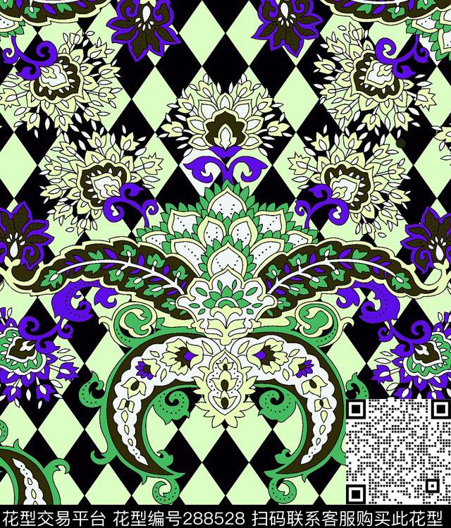 手绘水彩复古几何菱格传统印花华亿平台下载（图片编号: 288528） - 瓦栏（Walan）