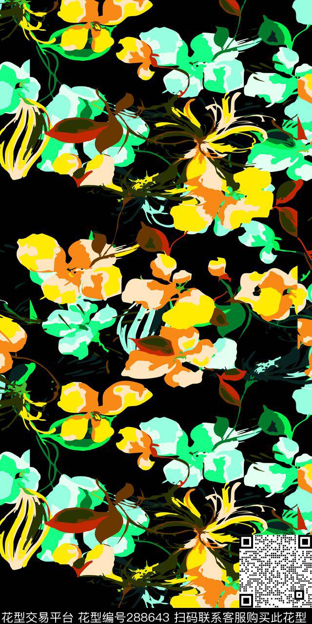 手绘水彩花卉抽象传统印花华亿平台下载（图片编号: 288643） - 瓦栏（Walan）